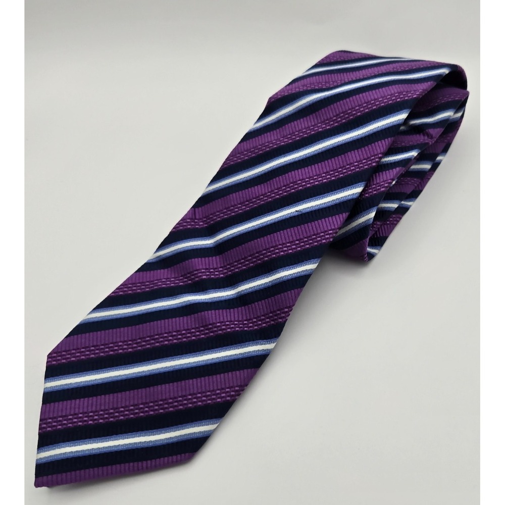JZ‎ Richards Necktie Mens One Size Purple Blue White Striped Silk Hand Made USA